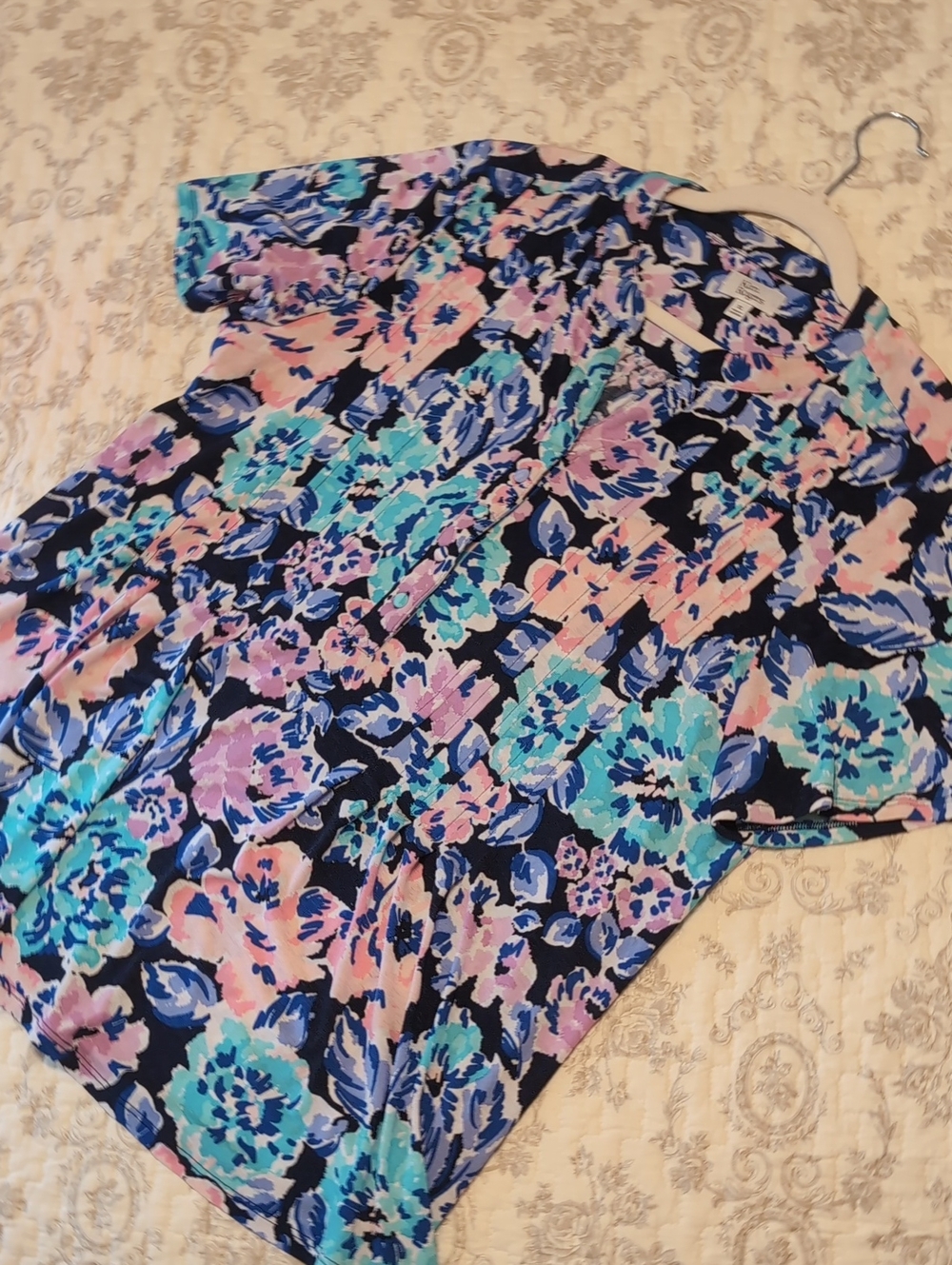 Kim Rogers Navy Floral Top with Blue & Pink Blooms